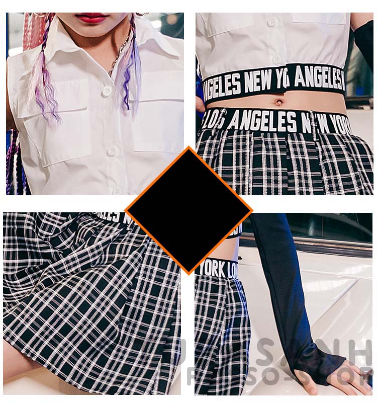 キッズ ダンス衣装 ガールズ ヒップホップ ジャズダンス 韓国 チアガール へそ出し アップチア セーラー服 制服 練習着 セット 黒 白 応援団 