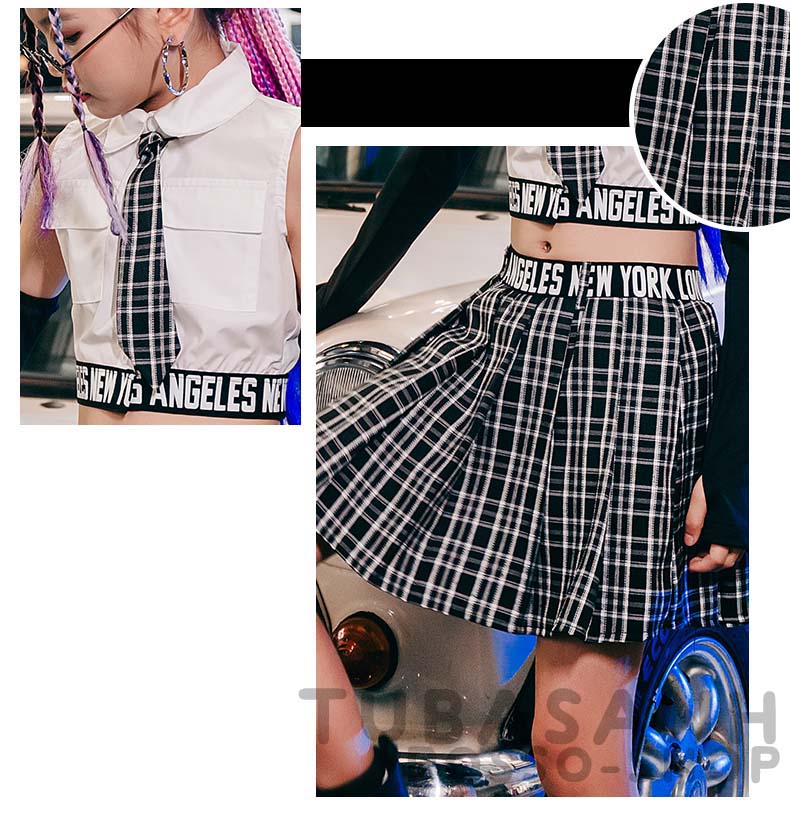 キッズ ダンス衣装 ガールズ ヒップホップ ジャズダンス 韓国 チアガール へそ出し アップチア セーラー服 制服 練習着 セット 黒 白 応援団 