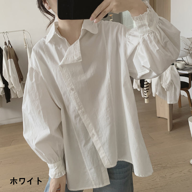 お取り寄せ商品 シャツ レディース ブラウス 長袖 4M-3XL 襟付き ポロ襟 ゆったり シンプル シャツブラウス トップス 大きいサイズ対応 パフスリーブ 
