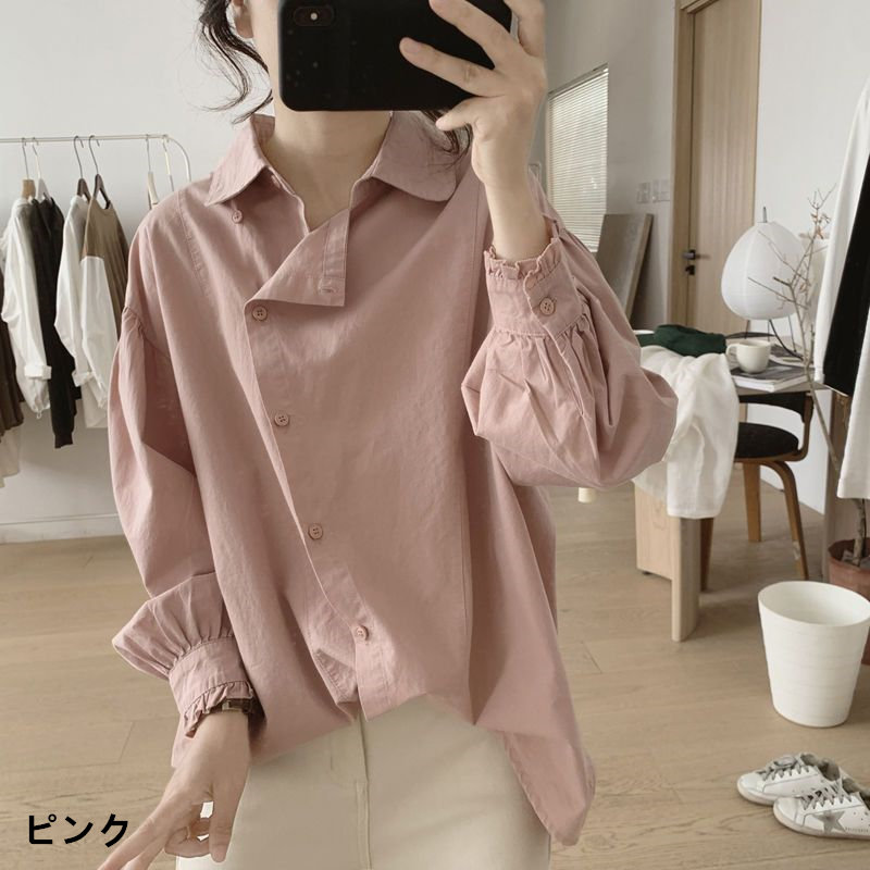 お取り寄せ商品 シャツ レディース ブラウス 長袖 4M-3XL 襟付き ポロ襟 ゆったり シンプル シャツブラウス トップス 大きいサイズ対応 パフスリーブ 