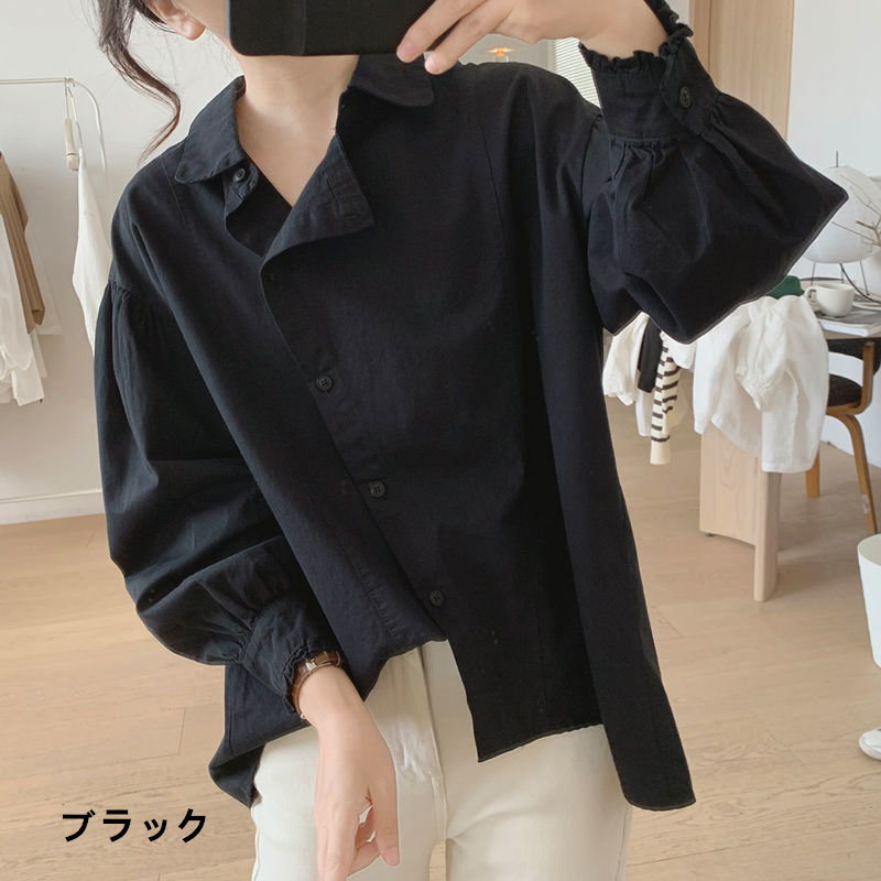 お取り寄せ商品 シャツ レディース ブラウス 長袖 4M-3XL 襟付き ポロ襟 ゆったり シンプル シャツブラウス トップス 大きいサイズ対応 パフスリーブ 