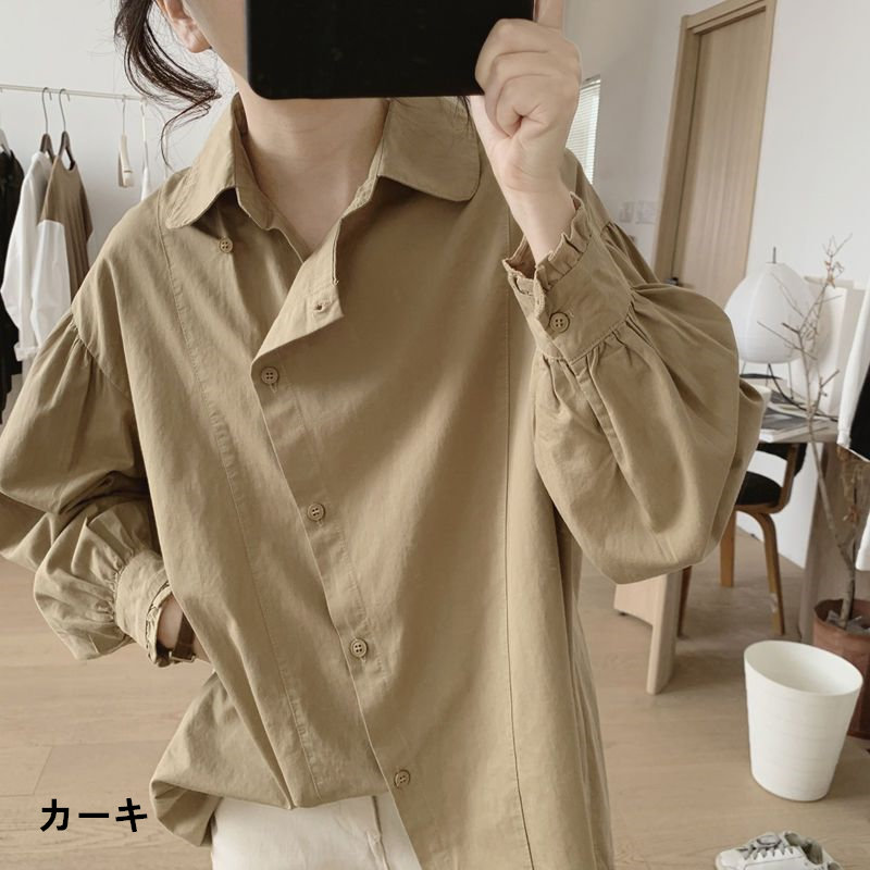 お取り寄せ商品 シャツ レディース ブラウス 長袖 4M-3XL 襟付き ポロ襟 ゆったり シンプル シャツブラウス トップス 大きいサイズ対応 パフスリーブ 