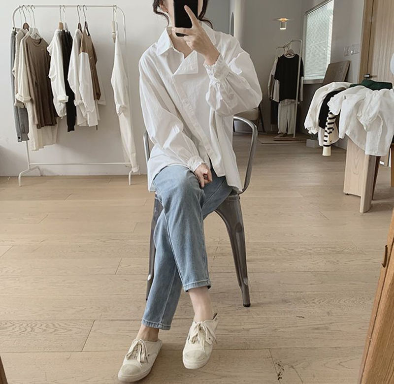 お取り寄せ商品 シャツ レディース ブラウス 長袖 4M-3XL 襟付き ポロ襟 ゆったり シンプル シャツブラウス トップス 大きいサイズ対応 パフスリーブ 