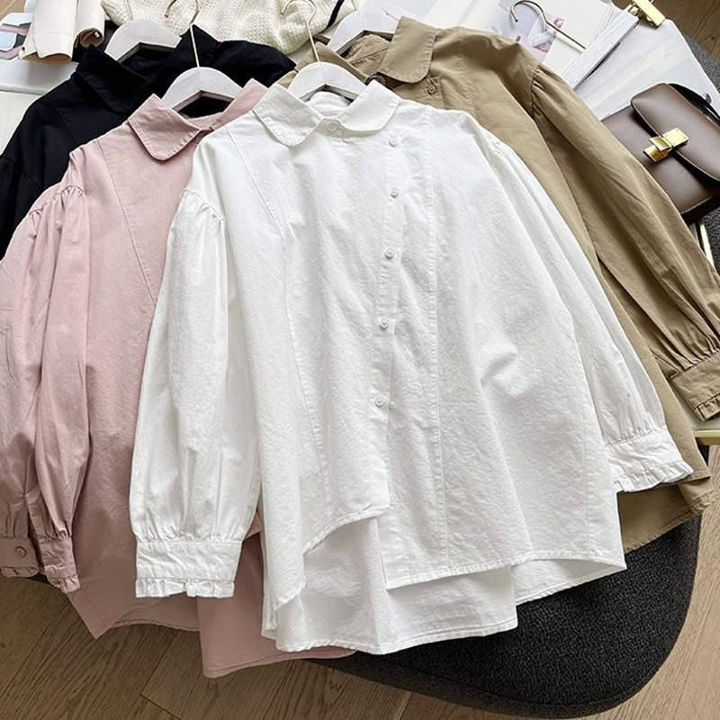 お取り寄せ商品 シャツ レディース ブラウス 長袖 4M-3XL 襟付き ポロ襟 ゆったり シンプル シャツブラウス トップス 大きいサイズ対応 パフスリーブ 