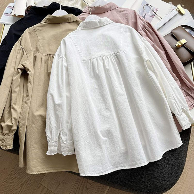 お取り寄せ商品 シャツ レディース ブラウス 長袖 4M-3XL 襟付き ポロ襟 ゆったり シンプル シャツブラウス トップス 大きいサイズ対応 パフスリーブ 