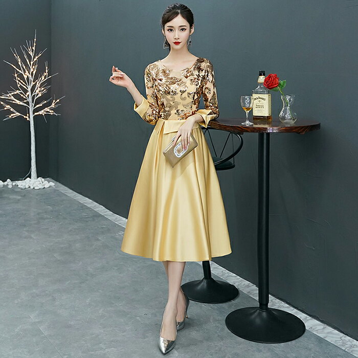 カラードレス パーティードレス 演奏会 発表会 イブニングドレス フォーマル ミニドレス コンサート ミディアムドレス カクテルドレス ゴールド 長袖 コンクール