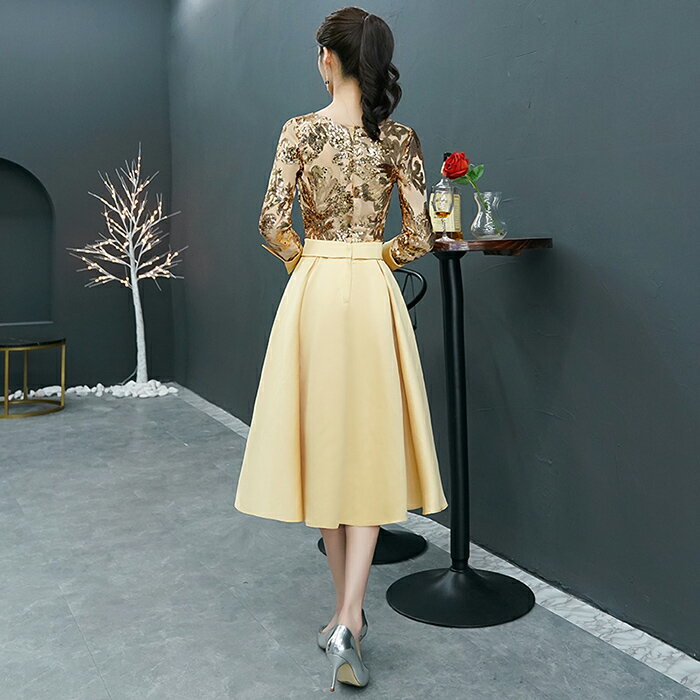 カラードレス パーティードレス 演奏会 発表会 イブニングドレス フォーマル ミニドレス コンサート ミディアムドレス カクテルドレス ゴールド 長袖 コンクール