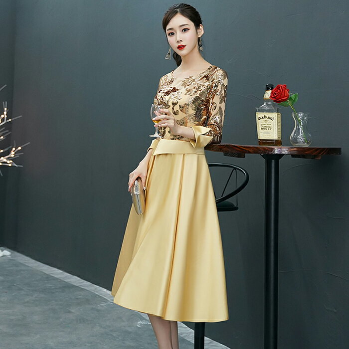 カラードレス パーティードレス 演奏会 発表会 イブニングドレス フォーマル ミニドレス コンサート ミディアムドレス カクテルドレス ゴールド 長袖 コンクール