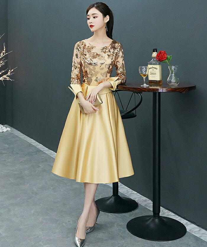 カラードレス パーティードレス 演奏会 発表会 イブニングドレス フォーマル ミニドレス コンサート ミディアムドレス カクテルドレス ゴールド 長袖 コンクール