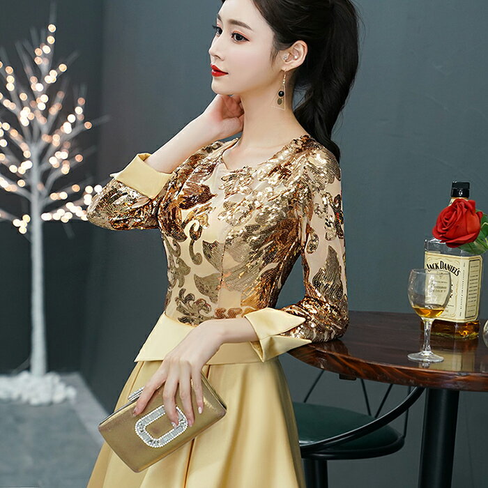 カラードレス パーティードレス 演奏会 発表会 イブニングドレス フォーマル ミニドレス コンサート ミディアムドレス カクテルドレス ゴールド 長袖 コンクール