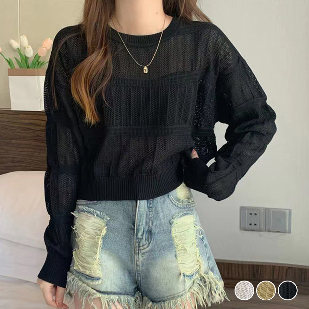 透かし編み 長袖ニットトップス 韓国風 。可  