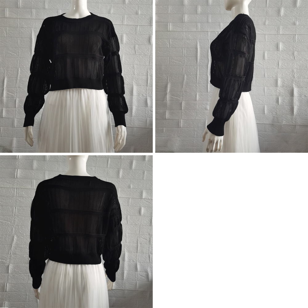透かし編み 長袖ニットトップス 韓国風 。可  