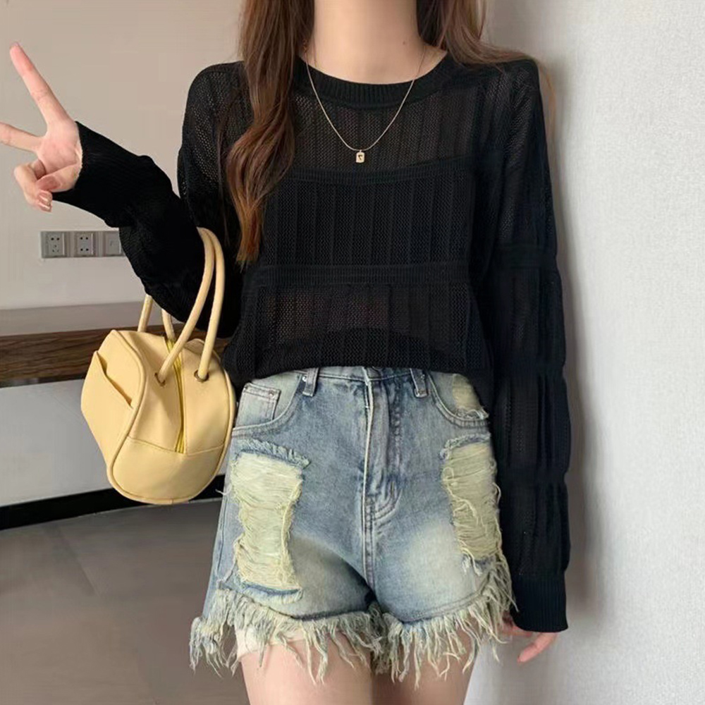 透かし編み 長袖ニットトップス 韓国風 。可  