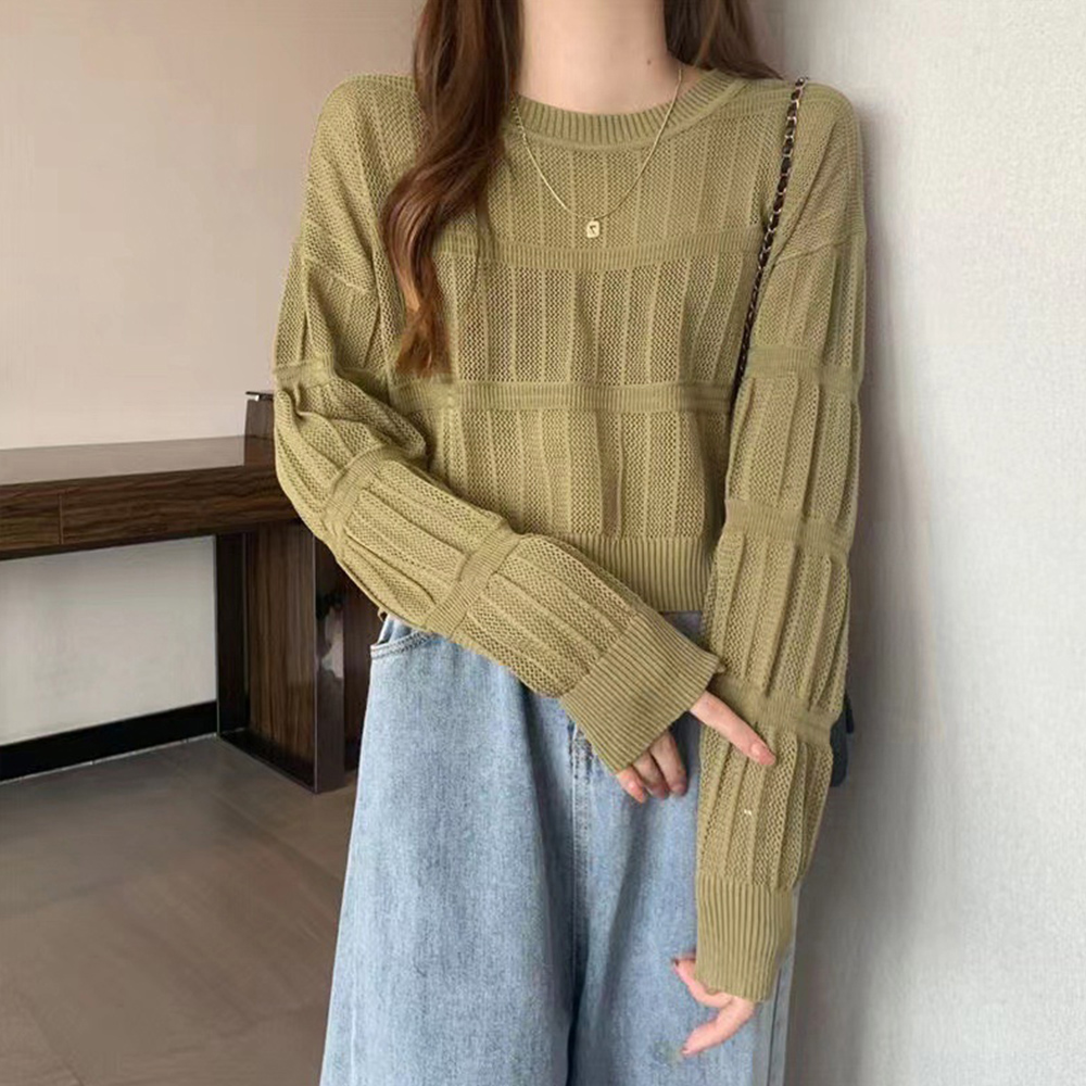 透かし編み 長袖ニットトップス 韓国風 。可  