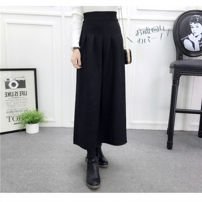ワイドパンツ ガウチョパンツ レディース 7分丈 ハイウエスト タック入り 無地 厚手 きれいめ 大きいサイズ チェック 秋冬 ウエストゴム ゆったり 