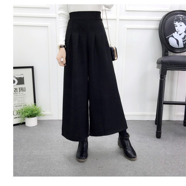 ワイドパンツ ガウチョパンツ レディース 7分丈 ハイウエスト タック入り 無地 厚手 きれいめ 大きいサイズ チェック 秋冬 ウエストゴム ゆったり 