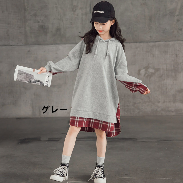 お取り寄せ商品 ワンピース キッズ 3130 140 150 キッズワンピース ジュニア服 チェック柄 170 160 韓国子供服 長袖 パーカーワンピース 