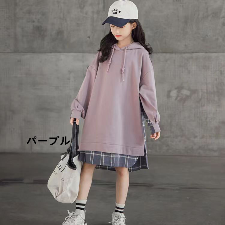 お取り寄せ商品 ワンピース キッズ 3130 140 150 キッズワンピース ジュニア服 チェック柄 170 160 韓国子供服 長袖 パーカーワンピース 