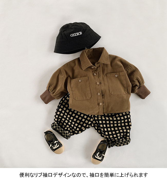 送料無料 長袖シャツ キッズ ライトアウター 無地 折り襟 ポケット付き 前開き 春秋 ラウンド裾 シンプル ゆったり 前ボタン リブ袖口 