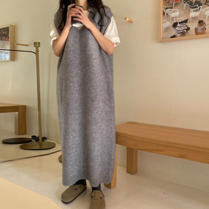 ロングニットベスト レディース ベスト Vネック ニットワンピース 無地 ハンサム 定番 大人 ナチュラル カジュアル ニット 重ね着 シンプル ノースリーブ 