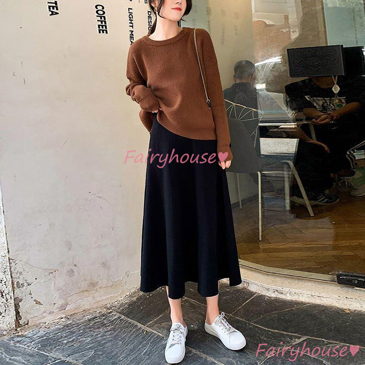 ニットスカート ロング丈 秋冬 Aラインスカート 無地ニット フレアスカート 40代 通勤 ハイウェストボ大人 マキシ丈スカート レディース 着痩せ 