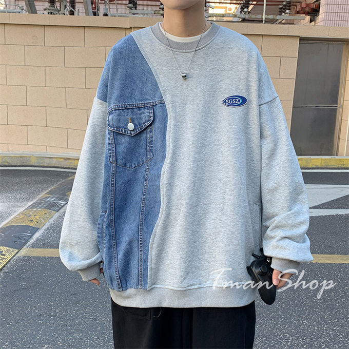 メンズ レディース クルーネック デニム切り替え トップス プルオーバー 大きいサイズ 韓国ファッション 春 カジュアル 着痩せ 秋 個性的 大人 