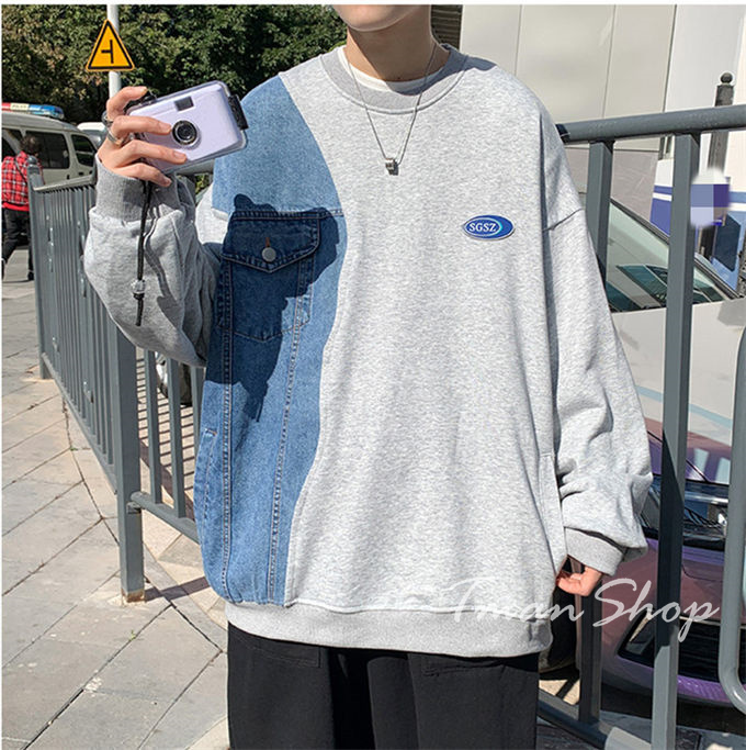 メンズ レディース クルーネック デニム切り替え トップス プルオーバー 大きいサイズ 韓国ファッション 春 カジュアル 着痩せ 秋 個性的 大人 