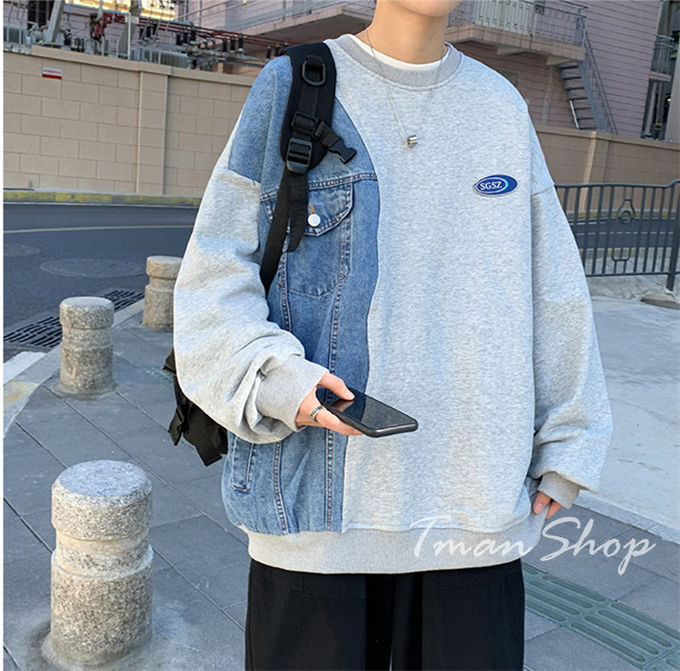 メンズ レディース クルーネック デニム切り替え トップス プルオーバー 大きいサイズ 韓国ファッション 春 カジュアル 着痩せ 秋 個性的 大人 