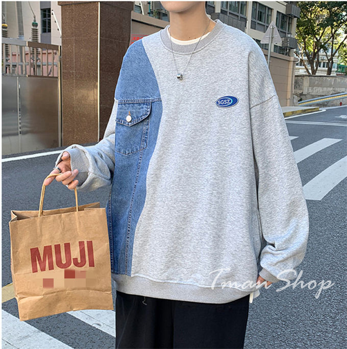 メンズ レディース クルーネック デニム切り替え トップス プルオーバー 大きいサイズ 韓国ファッション 春 カジュアル 着痩せ 秋 個性的 大人 