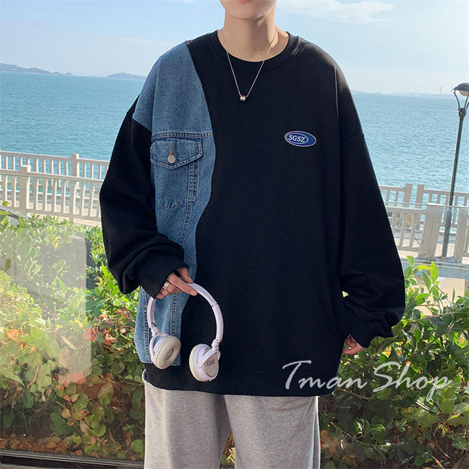 メンズ レディース クルーネック デニム切り替え トップス プルオーバー 大きいサイズ 韓国ファッション 春 カジュアル 着痩せ 秋 個性的 大人 