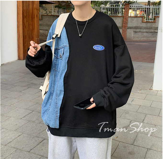 メンズ レディース クルーネック デニム切り替え トップス プルオーバー 大きいサイズ 韓国ファッション 春 カジュアル 着痩せ 秋 個性的 大人 