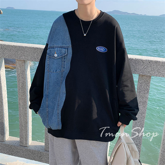 メンズ レディース クルーネック デニム切り替え トップス プルオーバー 大きいサイズ 韓国ファッション 春 カジュアル 着痩せ 秋 個性的 大人 