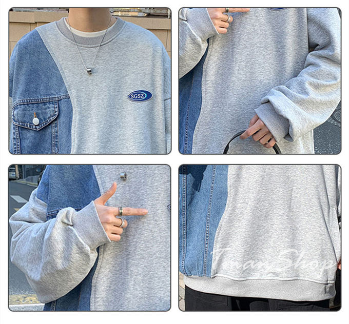 メンズ レディース クルーネック デニム切り替え トップス プルオーバー 大きいサイズ 韓国ファッション 春 カジュアル 着痩せ 秋 個性的 大人 
