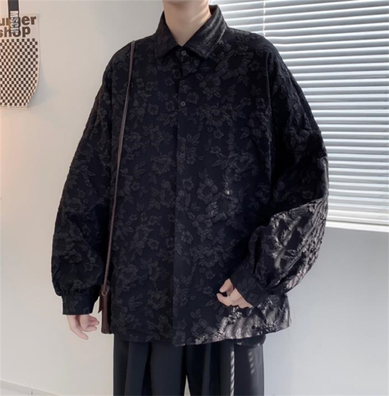 メンズ シャツ カジュアルシャツ 長袖 花柄 ワーク 春秋 通勤 アウター 青少年 白黒 ブラック通学 普段着 男子トップス 上着 ワイシャツ 