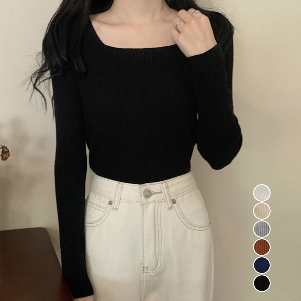 スクエアネック リブニットトップス 秋冬 。可  