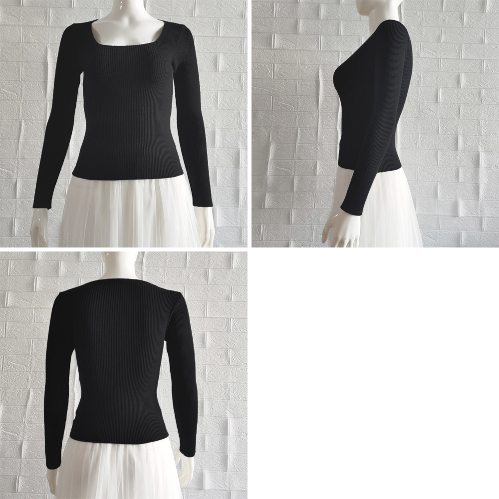 スクエアネック リブニットトップス 秋冬 。可  