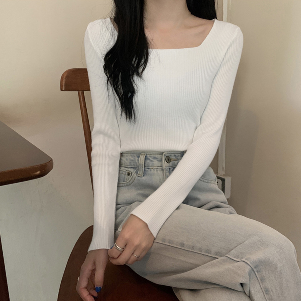 スクエアネック リブニットトップス 秋冬 。可  