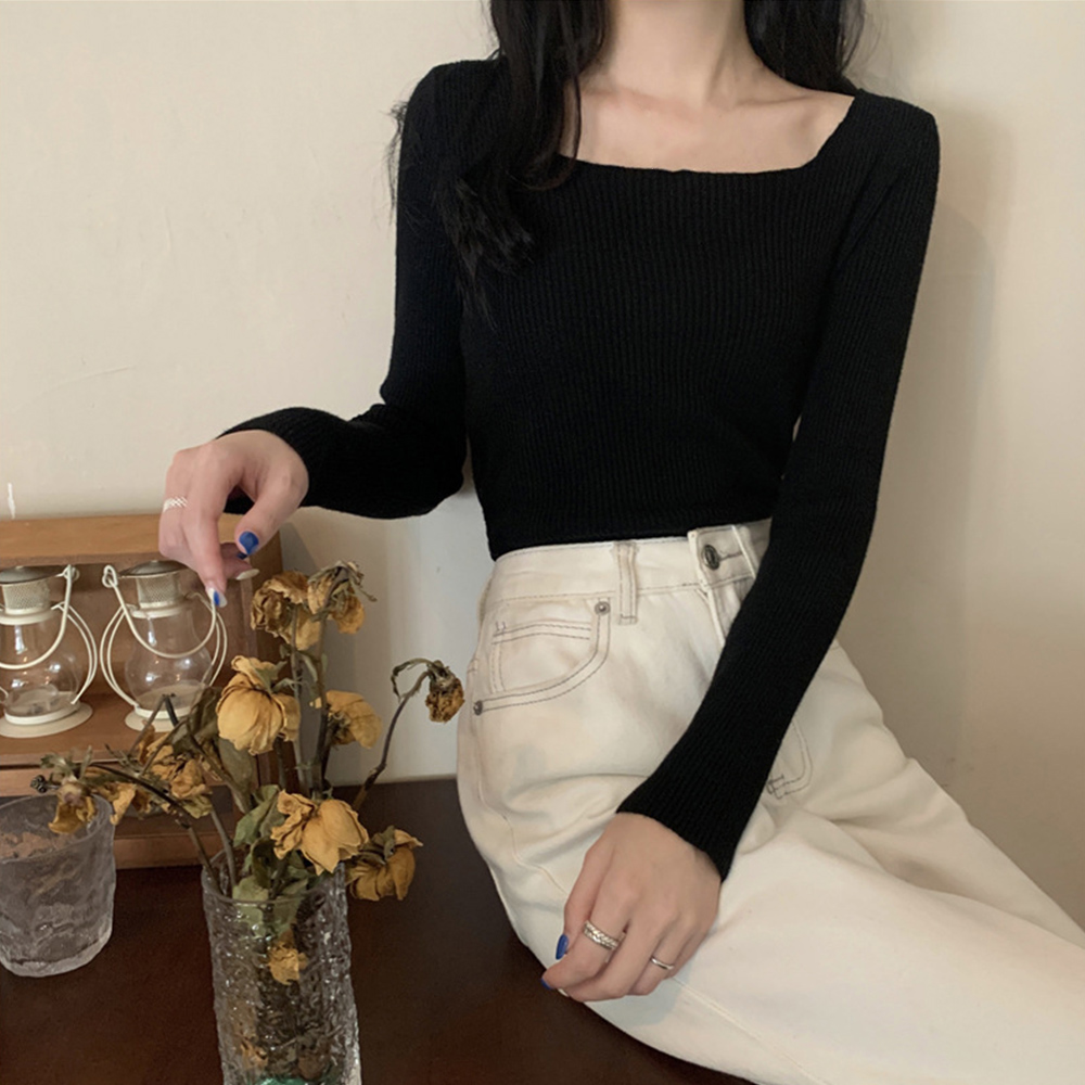 スクエアネック リブニットトップス 秋冬 。可  