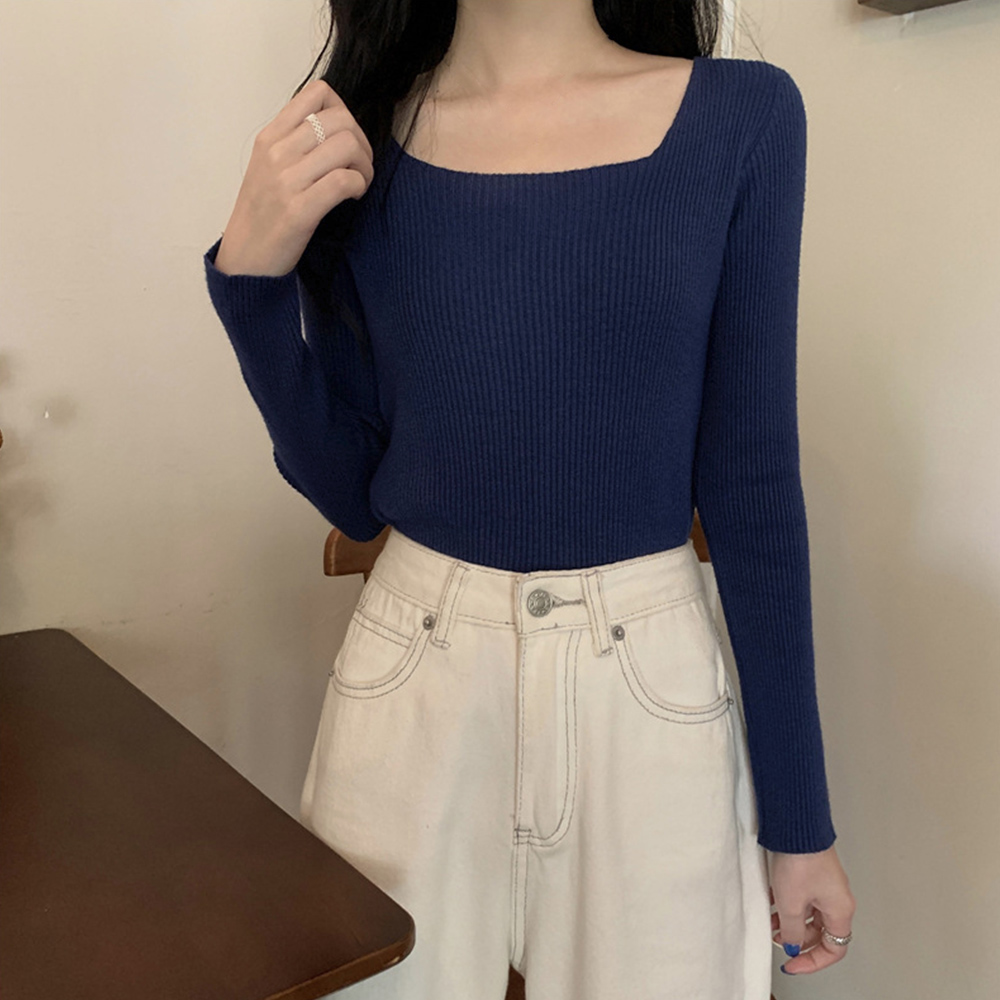 スクエアネック リブニットトップス 秋冬 。可  