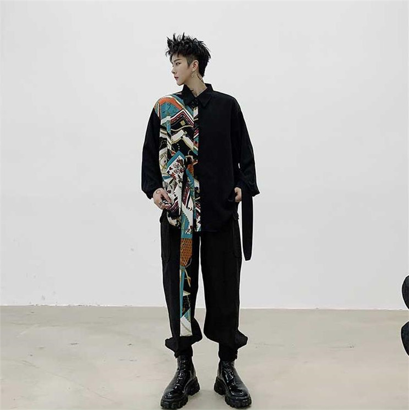 メンズ シャツ カジュアルシャツ 長袖 ブラック ヒップホップ クラブ 男子トップス スタイリッシュ 発表会 春秋 柄物 ダンスウェア レディース 公演 