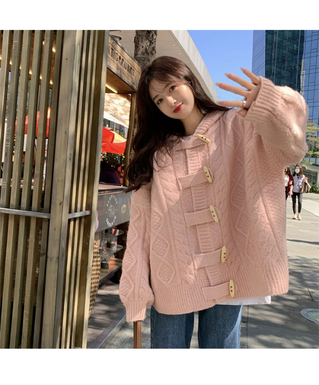 送料無料 ニットカーディガン 厚手 レディース ニットダッフルボタン カーディガン ケーブル編み フード付き カーデ 厚手ニット ゆったり 暖かい 