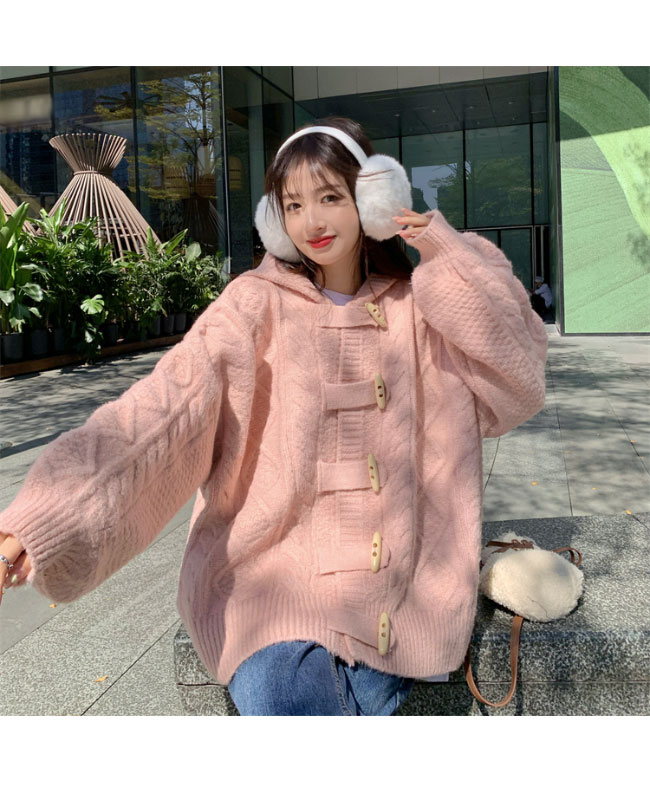 送料無料 ニットカーディガン 厚手 レディース ニットダッフルボタン カーディガン ケーブル編み フード付き カーデ 厚手ニット ゆったり 暖かい 