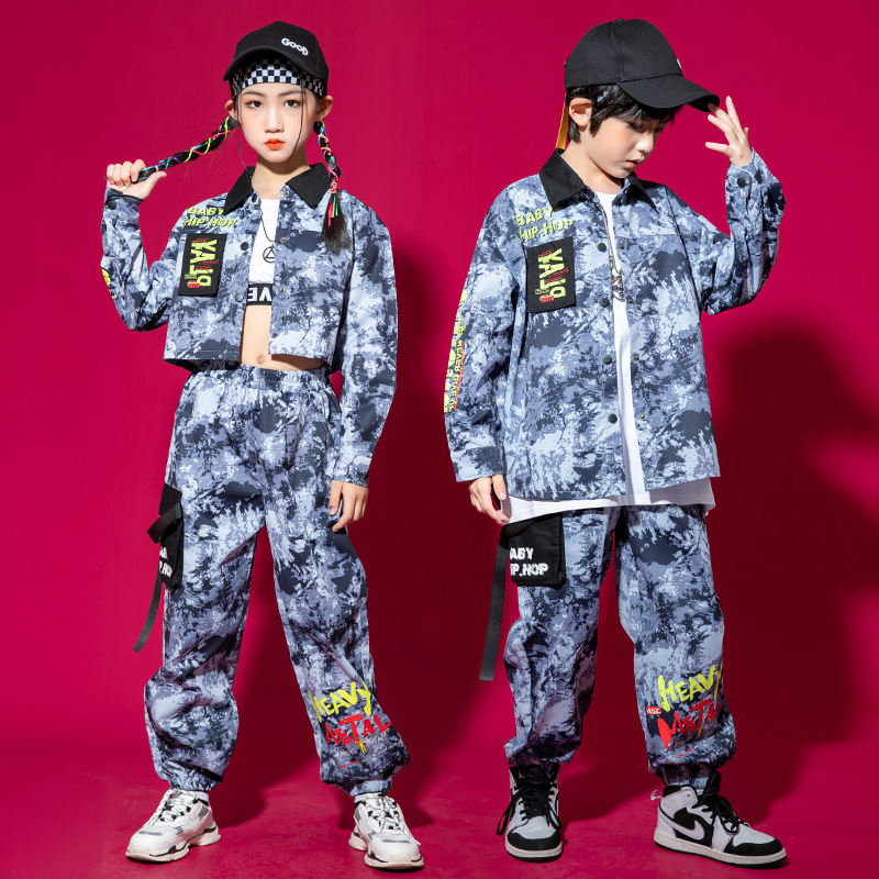 キッズ ダンス衣装 ヒップホップ 長袖 ジャケット ロングパンツ ダンス発表会 男の子 韓国 派手 ジャズ 女の子 K-POP へそ出し 原宿系派手 迷彩柄 キッズ 
