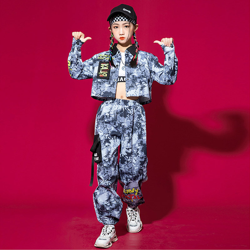 キッズ ダンス衣装 ヒップホップ 長袖 ジャケット ロングパンツ ダンス発表会 男の子 韓国 派手 ジャズ 女の子 K-POP へそ出し 原宿系派手 迷彩柄 キッズ 