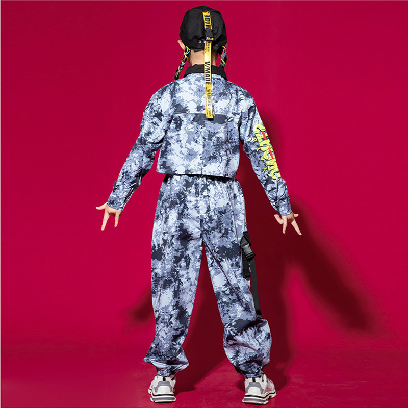 キッズ ダンス衣装 ヒップホップ 長袖 ジャケット ロングパンツ ダンス発表会 男の子 韓国 派手 ジャズ 女の子 K-POP へそ出し 原宿系派手 迷彩柄 キッズ 