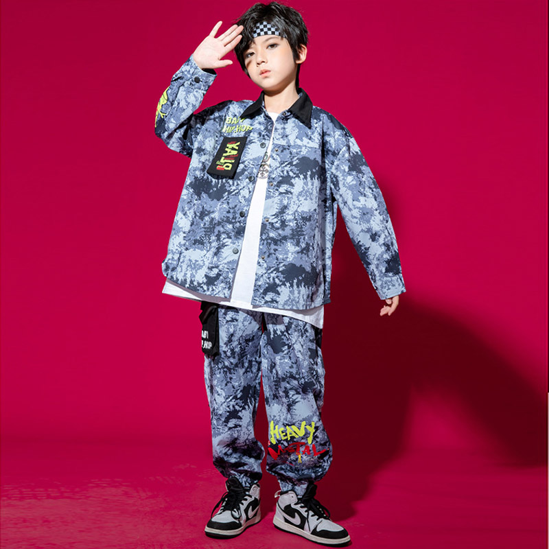 キッズ ダンス衣装 ヒップホップ 長袖 ジャケット ロングパンツ ダンス発表会 男の子 韓国 派手 ジャズ 女の子 K-POP へそ出し 原宿系派手 迷彩柄 キッズ 