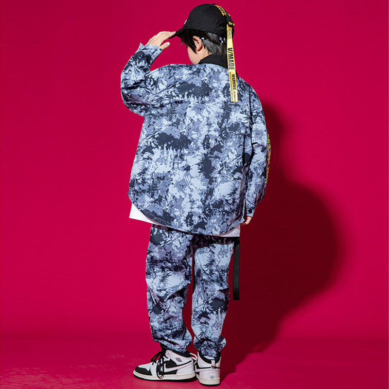 キッズ ダンス衣装 ヒップホップ 長袖 ジャケット ロングパンツ ダンス発表会 男の子 韓国 派手 ジャズ 女の子 K-POP へそ出し 原宿系派手 迷彩柄 キッズ 