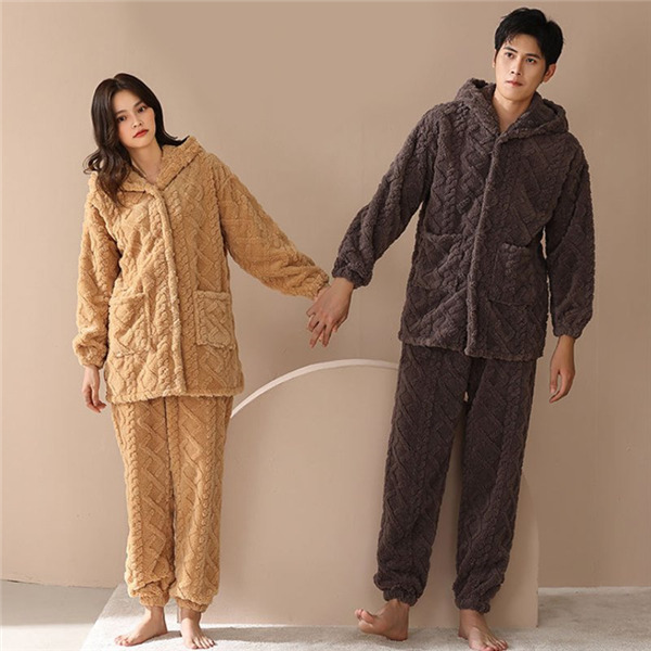 M-2XL ルームウェア ペア メンズ レディース 冬 もこもこ パジャマ 暖かい ケーブル柄 厚手 あったか ルームウエアー 大きいサイズ フード 