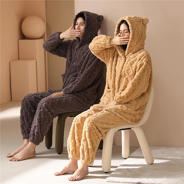 M-2XL ルームウェア ペア メンズ レディース 冬 もこもこ パジャマ 暖かい ケーブル柄 厚手 あったか ルームウエアー 大きいサイズ フード 