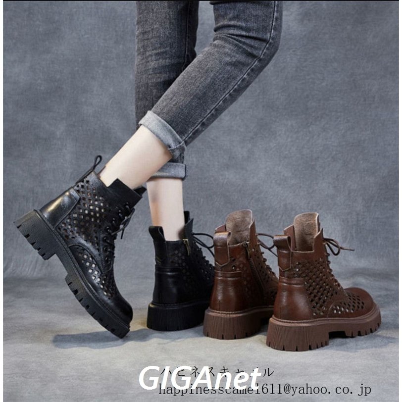 2COLORサマー夏ファッション 通気性 靴ブーツ 女性用 ブラック厚底ヒール4.5CMショート丈ブーツ レディース 美脚 通気 